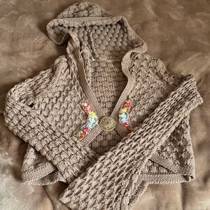 Brown Knit Free People vintage cropped cardigan with hood and flowers  M